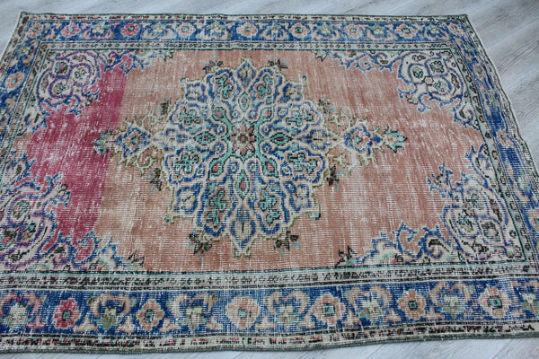 53×95 &quot;Halcyon” ViNTAGE TURKiSH RUG 7' x 10' - Vintage Turkish Area Rug, Blue - Ofelia | Kuden Rugs